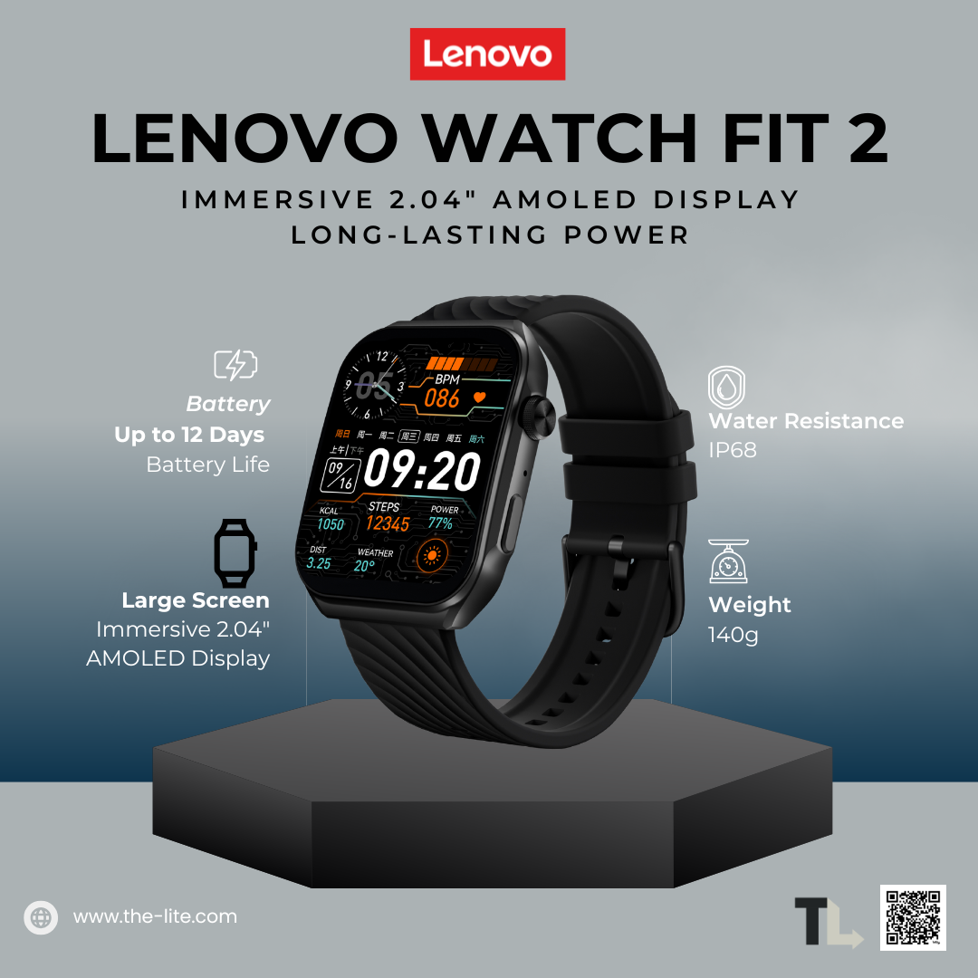 Lenovo Watch Fit 2: Bluetooth Calling, 2.04" AMOLED Display, IP68 Waterproof Smartwatch