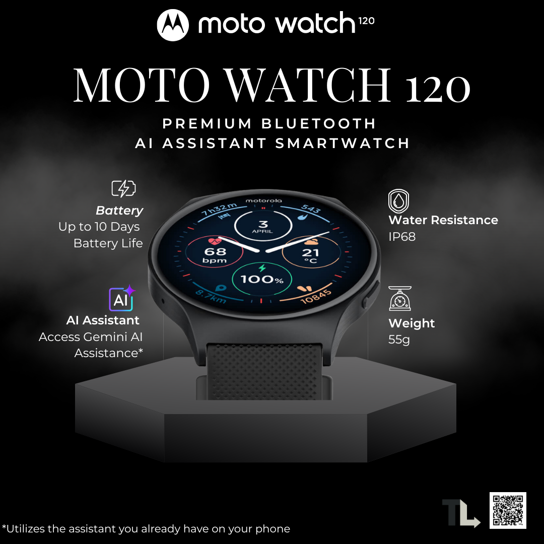 Motorola Smart Watch Moto Watch 120 Premium Bluetooth AI Assistant Smartwatch - Motorola Phantom Black
