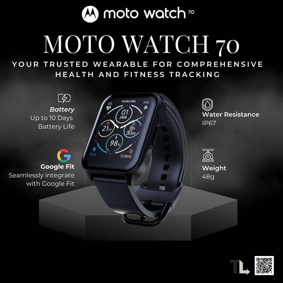 Motorola Smart Watch Moto Watch 70 Health and Fitness Smartwatch - Motorola Phantom Black