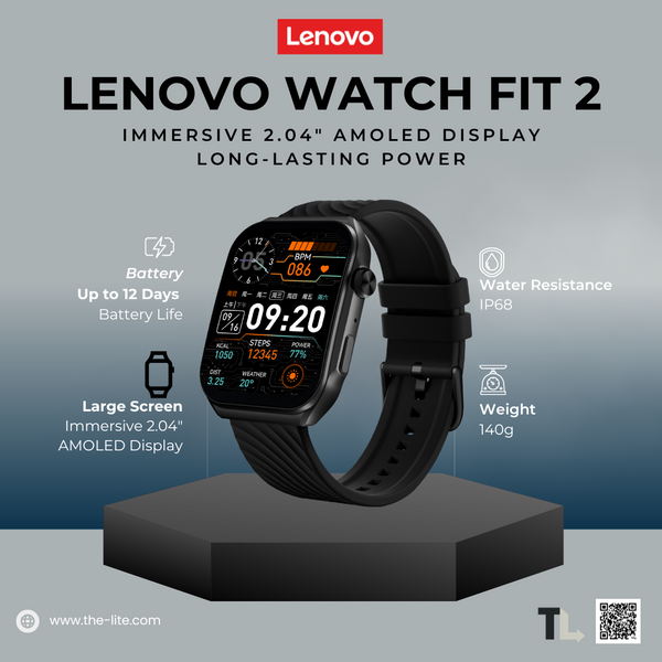 Lenovo Smart Watch Lenovo Watch Fit 2: Bluetooth Calling, 2.04" AMOLED Display, IP68 Waterproof Smartwatch Gray