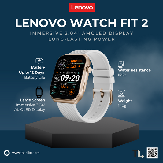 Lenovo Watch Fit 2:  Bluetooth Calling, 2.04" AMOLED Display, IP68 Waterproof Smartwatch